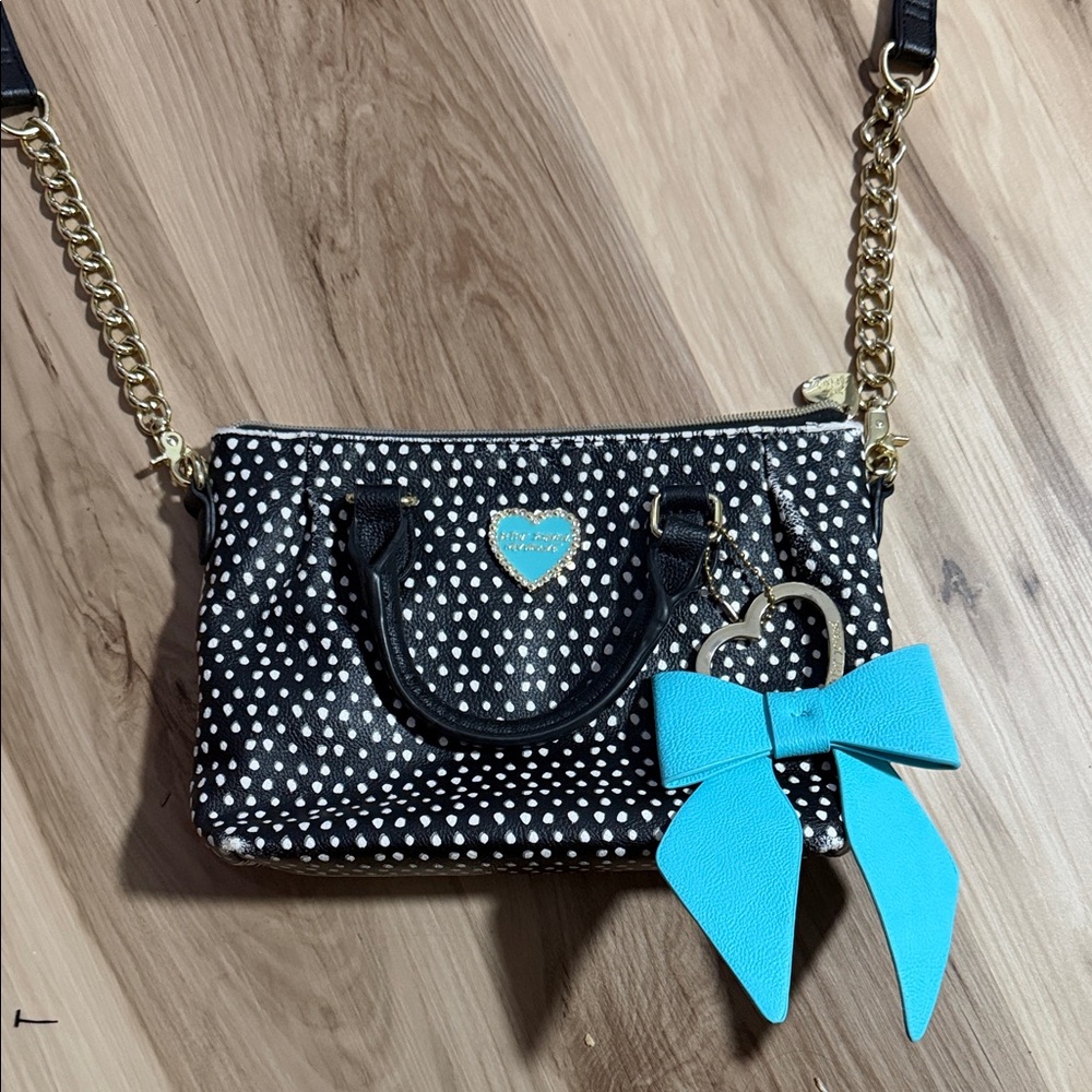 Betsey Johnson Black and White Polka Dot Crossbody with Blue Bow